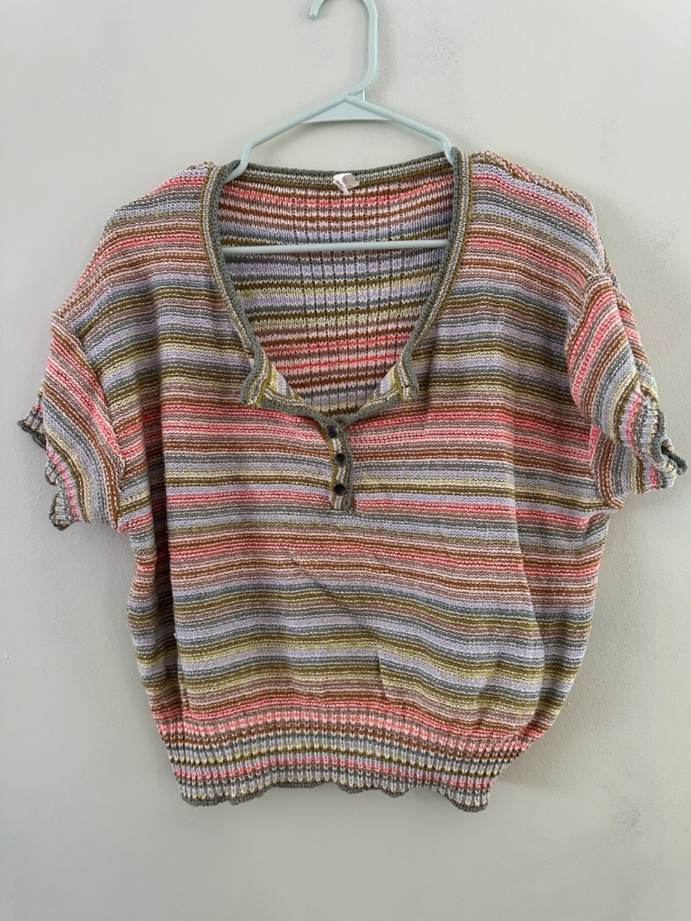 Free People Pastel Striped Short Sleeve Knit Top